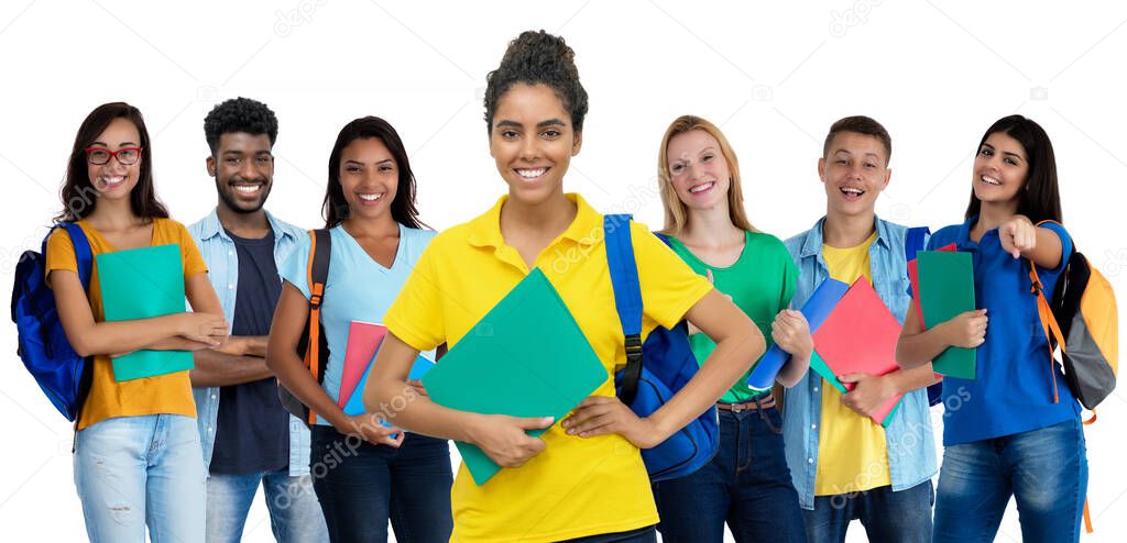 Successful south american female student with group of multi ethnic young adults