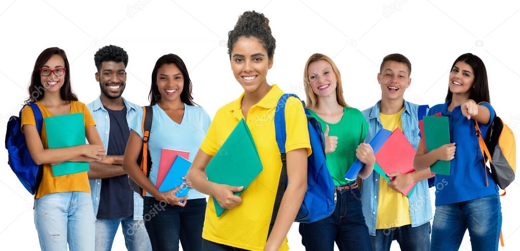 Happy south american female student with group of multi ethnic young adults isolated on white background for cut out