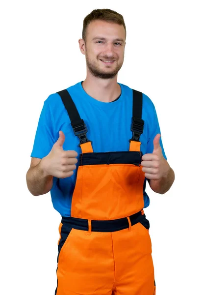 Smějící Pracovník Oranžové Ochranné Oblečení Izolované Bílém Pozadí Pro Střih — Stock fotografie