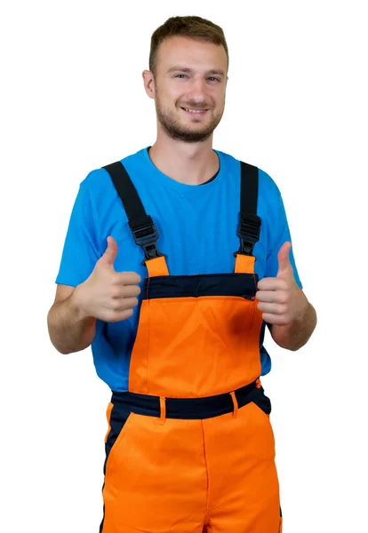 Lachender Arbeiter Mit Orangefarbener Schutzkleidung Auf Weißem Hintergrund Zum Ausschneiden — Stockfoto