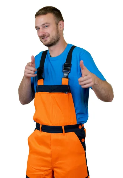 カットのための白い背景に隔離オレンジ保護具と幸せな労働者 — ストック写真