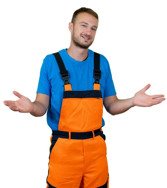 Selbstbewusster Arbeiter Mit Orangefarbener Schutzkleidung Auf Weißem Hintergrund Zum Ausschneiden — Stockfoto