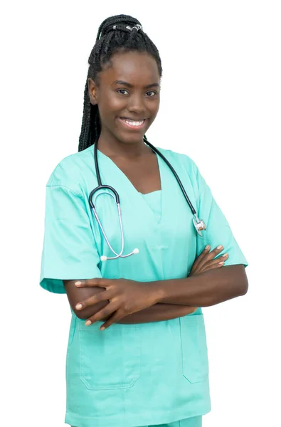 Сміється Африканської Медсестри Ізольованої Білому Тлі Відрізання — стокове фото