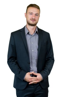 Takım elbiseli yakışıklı İngiliz iş adamı beyaz arka planda izole edilmiş.