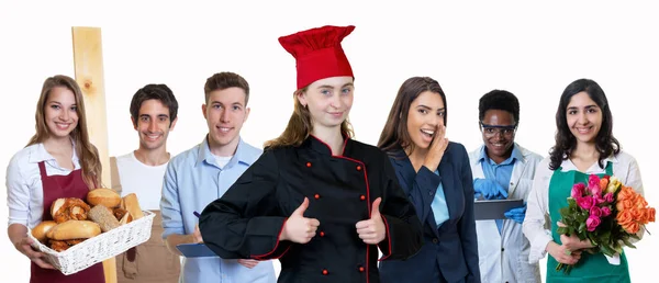 Chef Feminino Muito Jovem Com Grupo Estagiários Isolados Fundo Branco — Fotografia de Stock