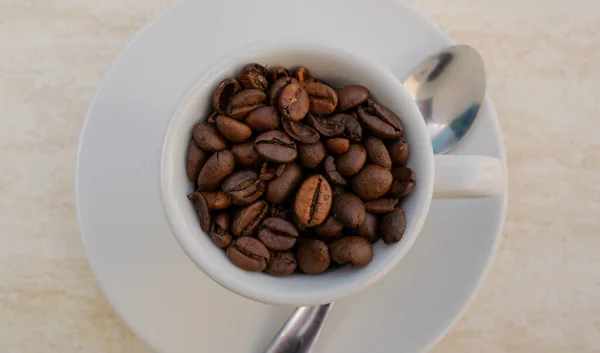 Coffee Cup Beans White Background Top View Copy Space Your — Stock Photo, Image