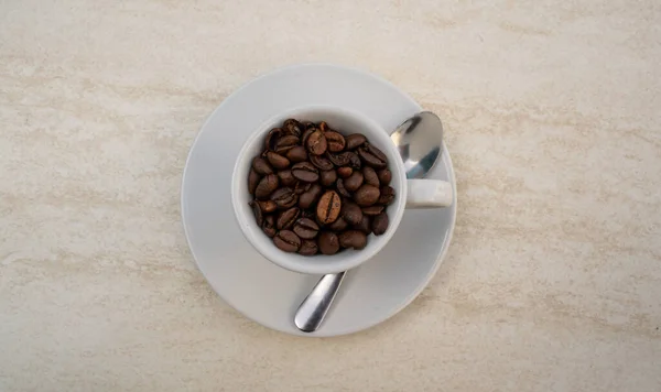Coffee Cup Beans White Background Top View Copy Space Your — Stock Photo, Image