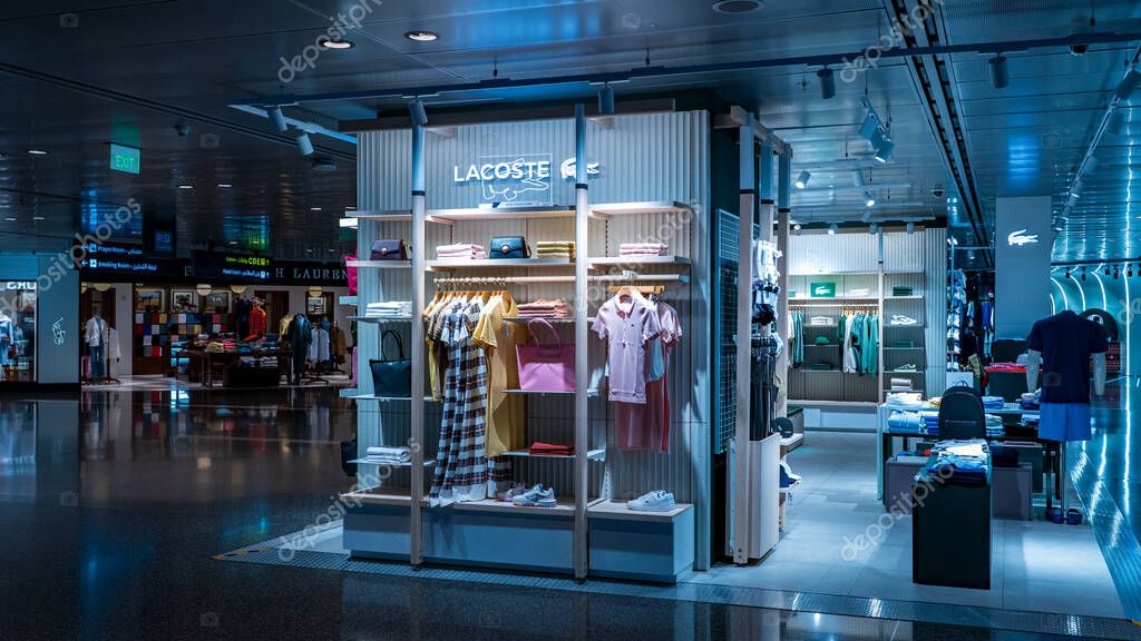 Doha, Qatar September 13, 2025: Lacoste retail store inside Hamad International Airport, featuring branded fashion, clothing, and accessories for travelers.