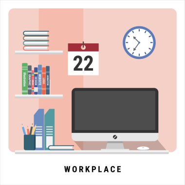 mutlu İşyeri. Evde veya ofiste basit çalışma alanı. Monitör, bilgisayar, kitap ve sabit. düz tasarım modern vektör illüstrasyon kavramı