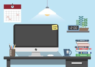 mutlu İşyeri. Evde veya ofiste basit çalışma alanı. Monitör, bilgisayar, kitap ve sabit. düz tasarım modern vektör illüstrasyon kavramı