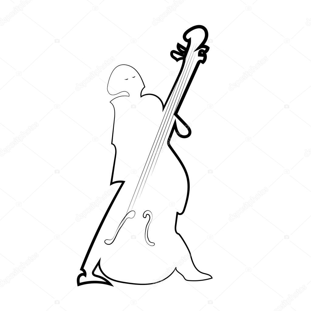 Jazz bass player contour silhouette in black on a white background. Illustration isolated on white background.Double bass player musician.
