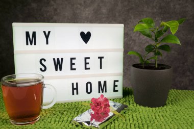 benim tatlı ev konsepti. gri arka plan üzerinde yeşil çim ve ağaç