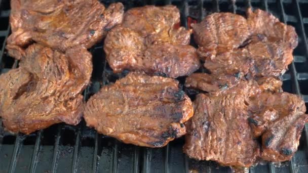 Cocinar carne en una parrilla de gas — Vídeo de stock