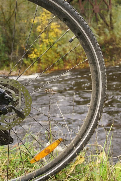 Közelkép kerékpár kerék a folyó partján. — Stock Fotó