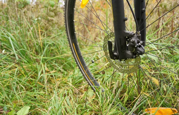 Ruota per bicicletta close-up sulla riva del fiume . — Foto Stock