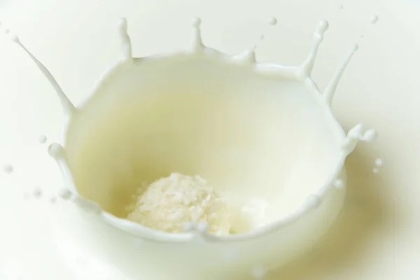 Plamy mleka i domowe białe cukierki z kokosem. Ciasteczka kokosowe wrzucone do mleka. Eksplozje kokosowych koron truflowych. — Zdjęcie stockowe