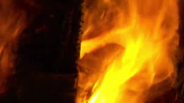 枪管里的熊熊烈火燃烧的原木，木板，木柴，松木，在桶里。有火花的篝火特写. — 图库视频影像