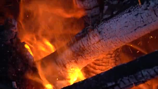 Um fogo furioso num barril. queimando troncos, tábuas, lenha, pinho, em um barril. fogueira com faíscas voadoras close-up . — Vídeo de Stock