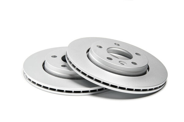 Brand new brake discs for the minivan or transporter car. Isolated on white.