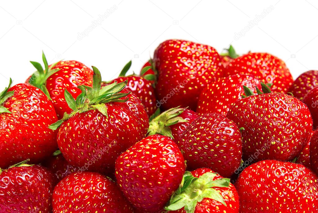 border from organic strawberries on top side on white background, mockup for text.