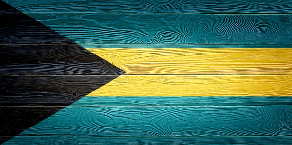 Σημαία Μπαχαμών ζωγραφισμένη σε παλιό ξύλινο σανίδι φόντο. Βουρτσισμένο φυσικό φως με κόμπους ξύλινη επιφάνεια. Ξύλινη σημαία φόντο υφή των Μπαχαμών. — Φωτογραφία Αρχείου