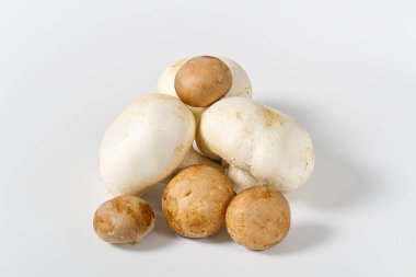 Taze şampiyon mantarlar makro atış. Yakın plan beyaz ve kahverengi dilimlenmiş şampiyon..
