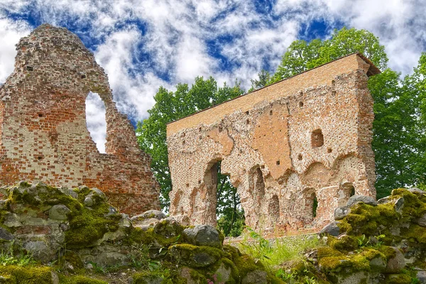 Yazın güneşli bir günde Estonya, Viljandi 'deki ortaçağ şatosunun kalıntıları. yumuşak odak.
