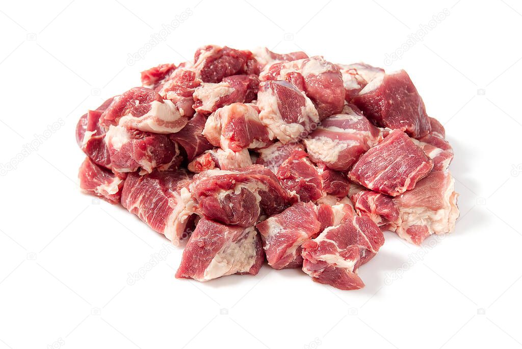 Fresh fine Raw pork meat pile isolated on white background. pile of chopped pork meat.