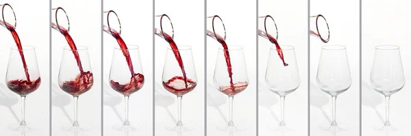 Sommelier versa vino rosso dal decanter al bicchiere da vino su sfondo bianco. tiro panoramico o banner. collage — Foto Stock