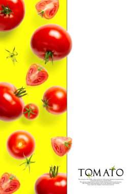Sarı arka planda domatesten yapılmış yaratıcı bir düzen. Yaratıcı düz domates seti, beyaz arkaplan üzerine basit metin, kopyalama alanı. domates temalı dekorasyon tasarımı veya vejetaryenlik kavramı.