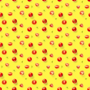 Kırmızı domatesli kusursuz desen. Domates sarı arka planda izole edilmiş. Sebze soyut, dikişsiz desen. Organik Domatesler düzdü..