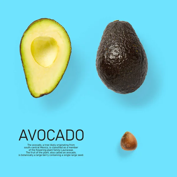 Modern creative avocado collage with simple text on solid color background. Avocado slices creative layout on blue background. Flat lay, Design elements, Food concept
