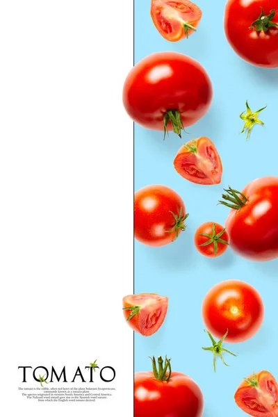 Mise Page Créative Faite Tomates Sur Fond Bleu Ensemble Plat — Photo