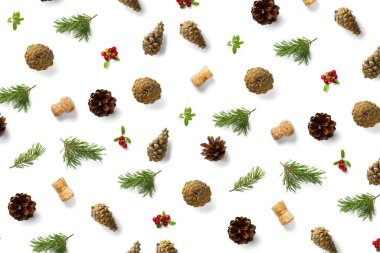 Çam kozalağı, şarap mantarı, çam dalı ve yaban mersinli Noel arkaplanı. Beyaz arkaplanda noel arkaplanı