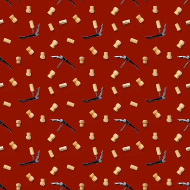 Beyaz arka planda kusursuz şarap mantarları. Kumaş baskısı, kağıt baskısı, duvar kağıtları, tasarım için tıpa ve tirbuşonu olan kusursuz şarap deseni