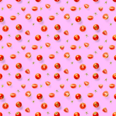 Kırmızı domatesli kusursuz desen. Gül arka planında izole domates. Sebze soyut, dikişsiz desen. Organik Domatesler düzdü..