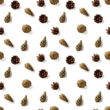 Çam kozalaklarından kusursuz noel deseni, beyaz arka planda iğneler. Modern çam kozalağı Noel kolajı. Çam kozalaklarından yapılmış kağıt, kumaş, duvar kağıdı veya arkaplan baskısı.