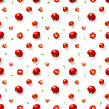 Kırmızı domatesli kusursuz desen. Domates beyaz arka planda izole edilmiş. Sebze soyut, dikişsiz desen. Organik Domatesler düzdü..