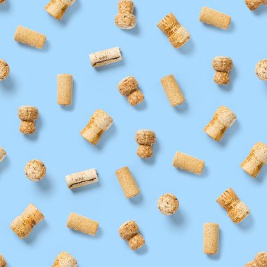 Beyaz arka planda kusursuz şarap mantarları. Kumaş baskısı, kağıt baskısı, duvar kağıtları, tasarım için tıpa ve tirbuşonu olan kusursuz şarap deseni