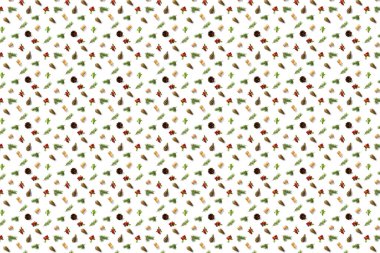 Çam kozalağı, şarap mantarı, çam dalı ve yaban mersinli Noel arkaplanı. Beyaz arkaplanda noel arkaplanı