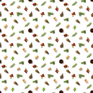 Çam kozalakları, şarap mantarı ve yaban mersinli Noel desenleri. Beyaz bir arka planda kusursuz bir Noel deseni. Gerçekçi fotoğraf kolajı. Kağıt, kumaş, duvar kağıdı için yazdır.