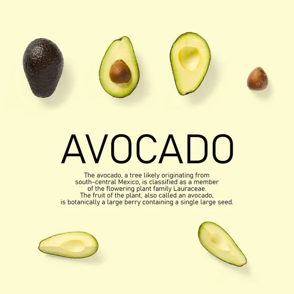 Modern creative avocado collage with simple text on solid color background. Avocado slices creative layout on yellow background. Flat lay, Design elements, Food concept