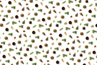 Çam kozalağı, şarap mantarı, çam dalı ve yaban mersinli Noel arkaplanı. Beyaz arkaplanda noel arkaplanı