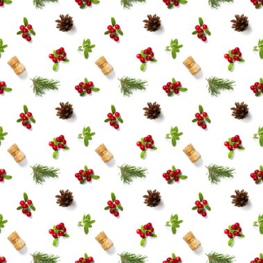 Çam kozalakları, şarap mantarı ve yaban mersinli Noel desenleri. Beyaz bir arka planda kusursuz bir Noel deseni. Gerçekçi fotoğraf kolajı. Kağıt, kumaş, duvar kağıdı için yazdır.