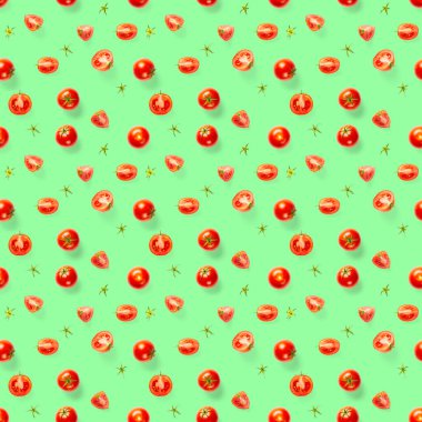 Kırmızı domatesli kusursuz desen. Domates yeşil arka planda izole edilmiş. Sebze soyut, dikişsiz desen. Organik Domatesler düzdü..