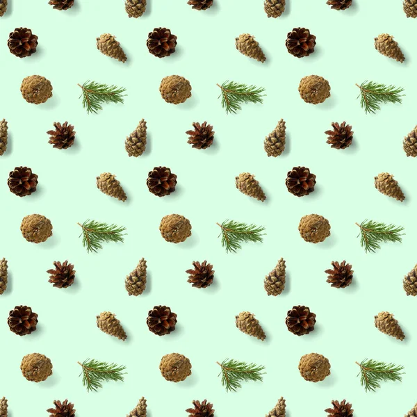 Vánoční Bezešvé Vzory Piniovými Kornouty Borůvkami Vzor Vánoce Bezešvé Zeleném — Stock fotografie