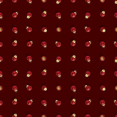Kırmızı arka planda kırmızı Noel süslemeleri olan kusursuz bir desen. Noel kırmızı süsleri kusursuz desenlidir. Toplardan yapılan Noel soyut arkaplanı.