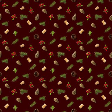 Çam kozalakları, şarap mantarı ve yaban mersinli Noel desenleri. Koyu kırmızı bir arka planda kusursuz bir Noel deseni. Gerçekçi fotoğraf kolajı. Kağıt, kumaş, duvar kağıdı için yazdır.