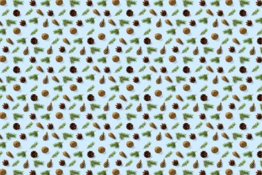 Mavi üzerine yaratıcı çam kozalağı Noel arkaplanı. Çam dalları ve koniler. En az yaratıcı koni düzenleme şablonu. Düz yatış, üst manzara. Yeni yıl duvar kağıdı. Doğa çam kozalağı modern Noel Arkaplanı