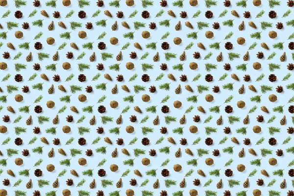 Mavi üzerine yaratıcı çam kozalağı Noel arkaplanı. Çam dalları ve koniler. En az yaratıcı koni düzenleme şablonu. Düz yatış, üst manzara. Yeni yıl duvar kağıdı. Doğa çam kozalağı modern Noel Arkaplanı